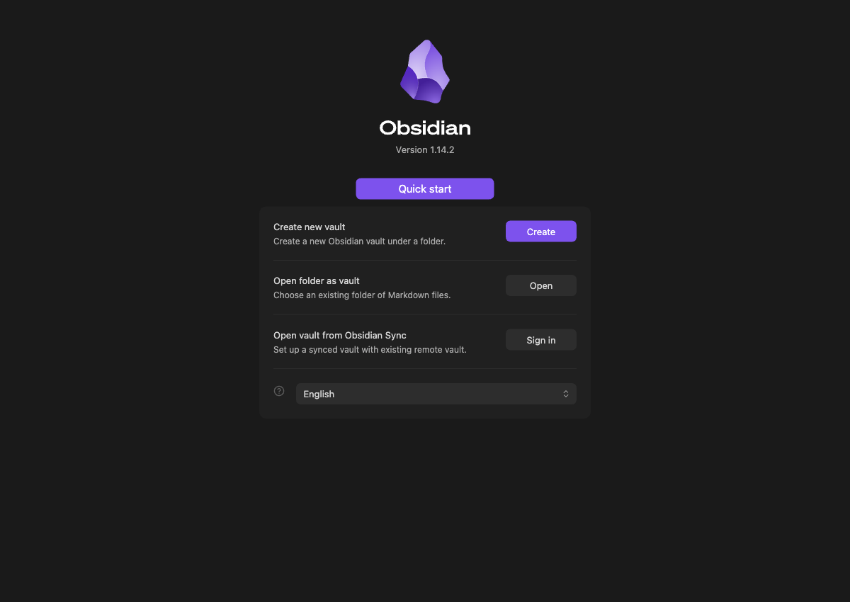 Obsidian first launch: open a folder as a vault