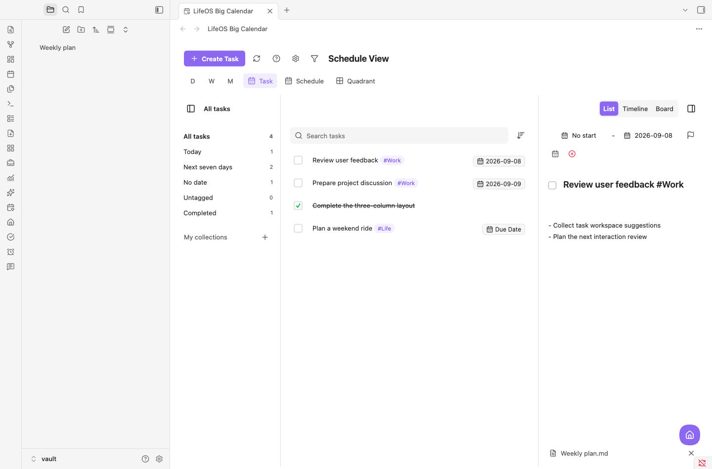 Obsidian LifeOS Pro task workspace with collections, task list, and editable details